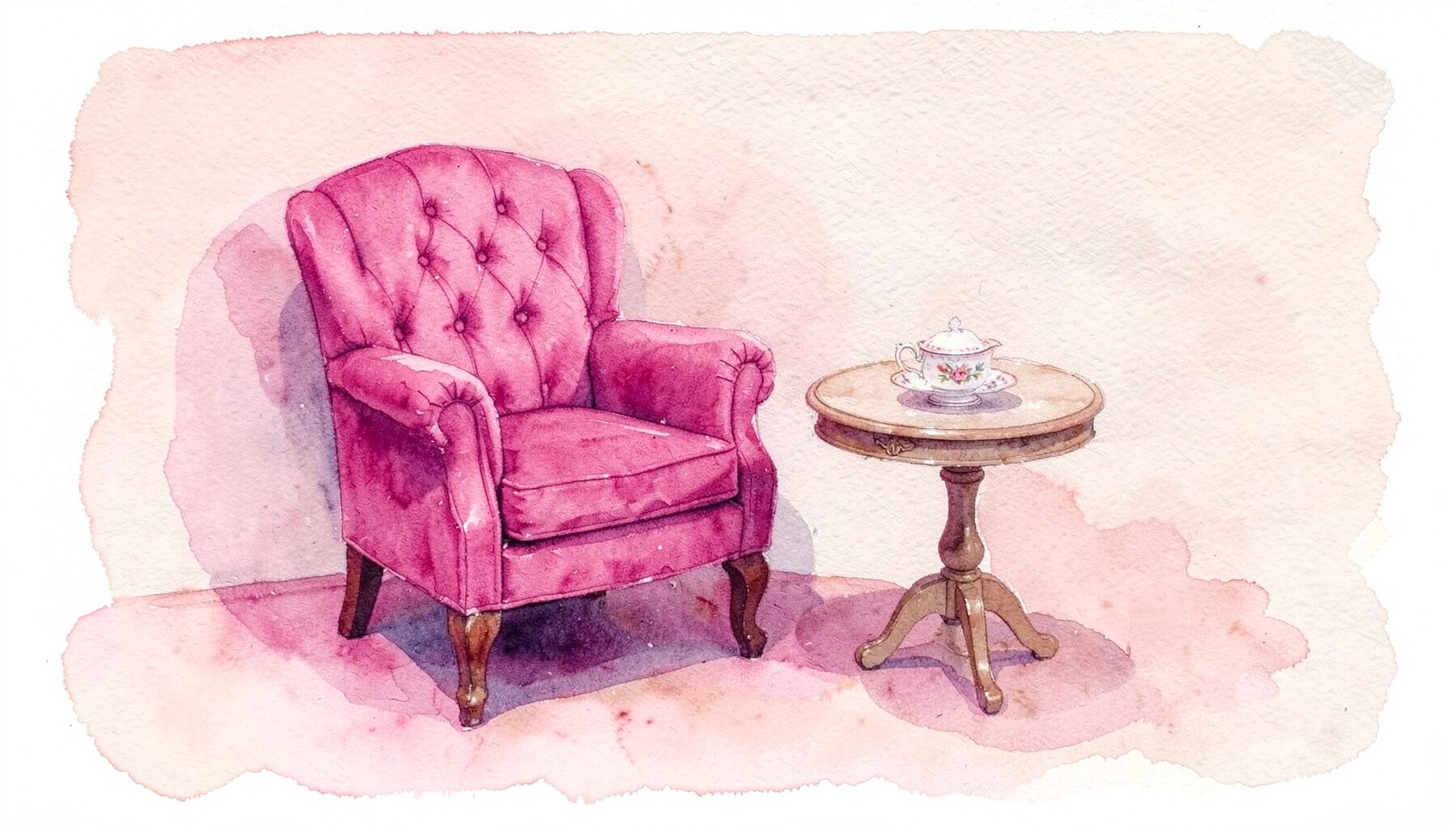 A softly lit watercolour scene of vintage furniture pieces — a tufted armchair, a round side table, and a delicate china teacup — arranged on a muted blush and cream backdrop, evoking a romantic event setting.