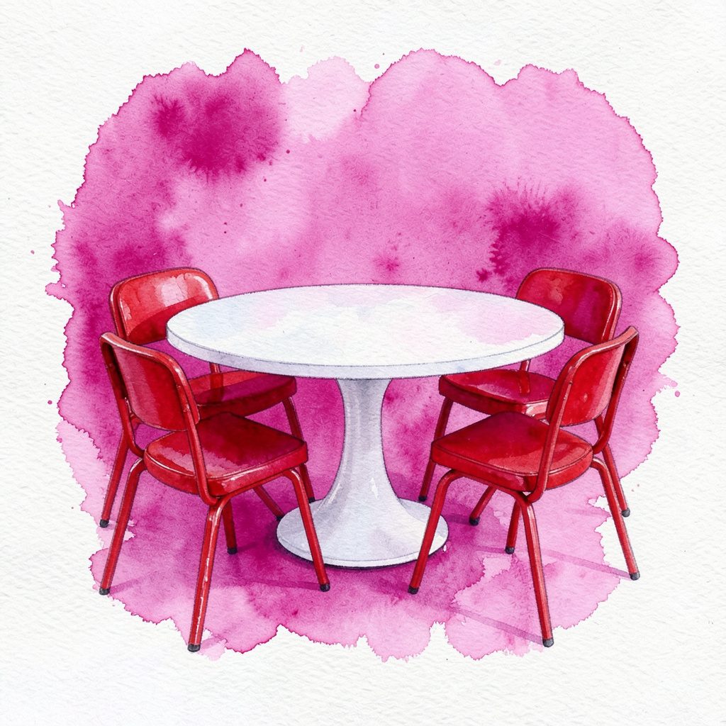 The Theodora Chair painted in watercolour — an ornate high-back chair with gilded detailing and rich burgundy velvet upholstery.