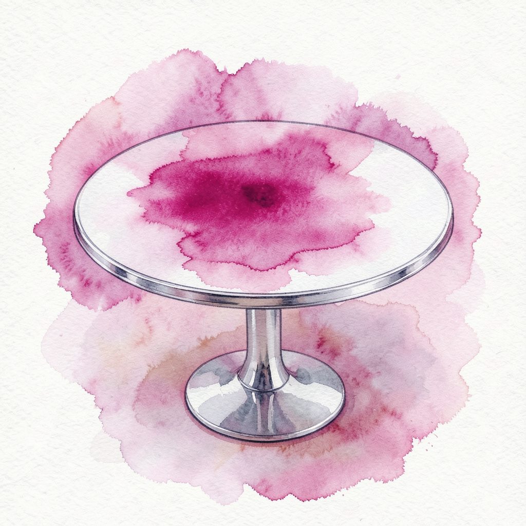 Watercolour of the Wendell Chairs: a pair of retro chrome-and-white dining chairs with red vinyl seats