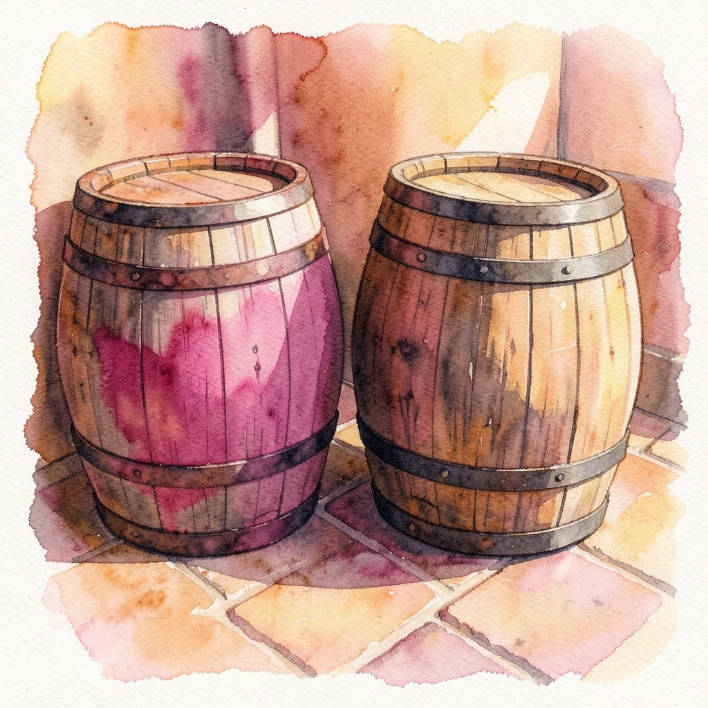 Watercolour of two weathered oak whiskey barrels with dark metal bands, resting on a stone floor in warm amber light