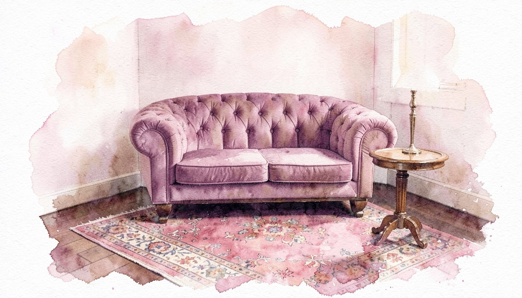 A softly lit vintage sitting area with a tufted velvet sofa in dusty rose, a round wooden side table, and a faded Persian rug on dark hardwood floors, painted in gentle watercolour washes of blush, cream, and warm brown.