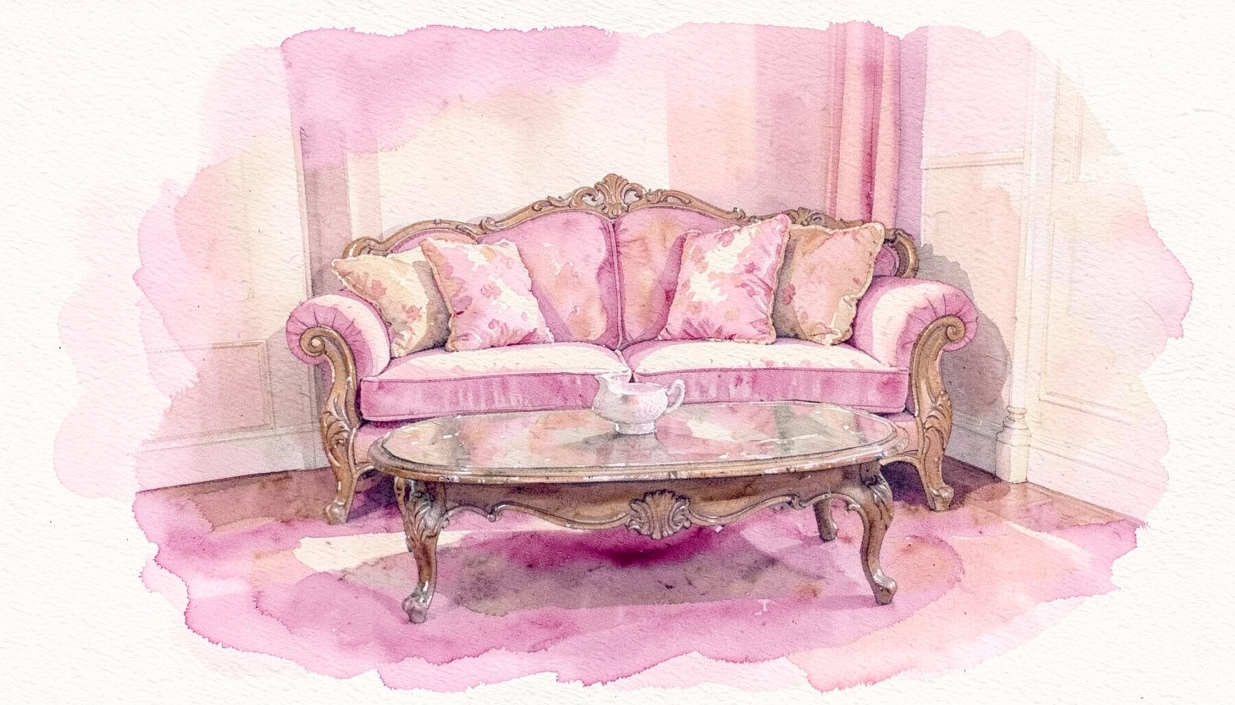 Soft watercolour of a vintage sitting area with an ornate settee, a weathered coffee table, and muted blush and cream tones, evoking a romantic, timeless atmosphere.